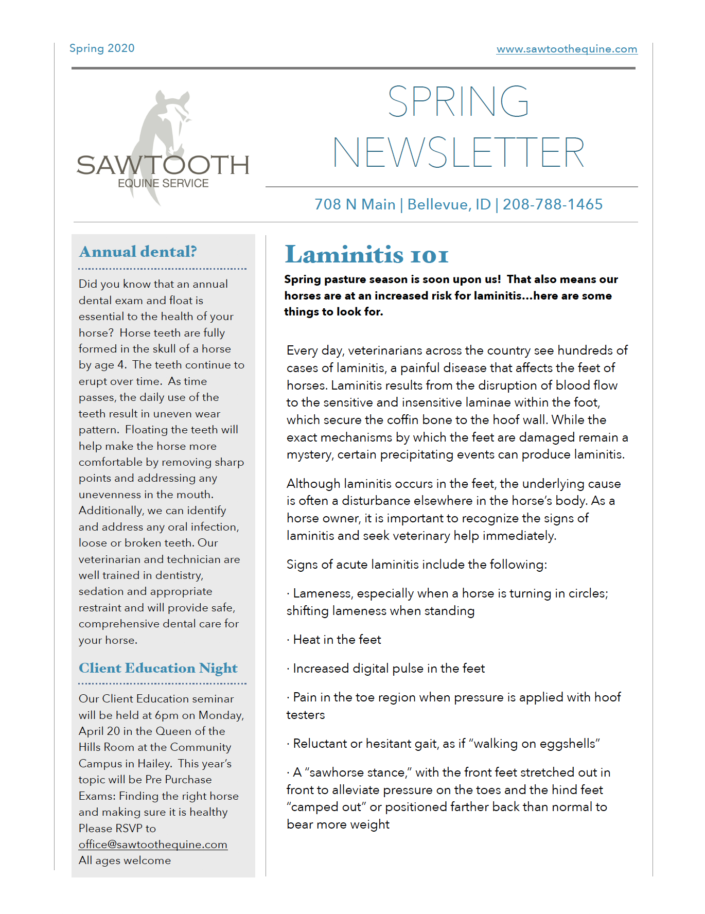 Sawtooth Equine | Spring 2020 Newsletter